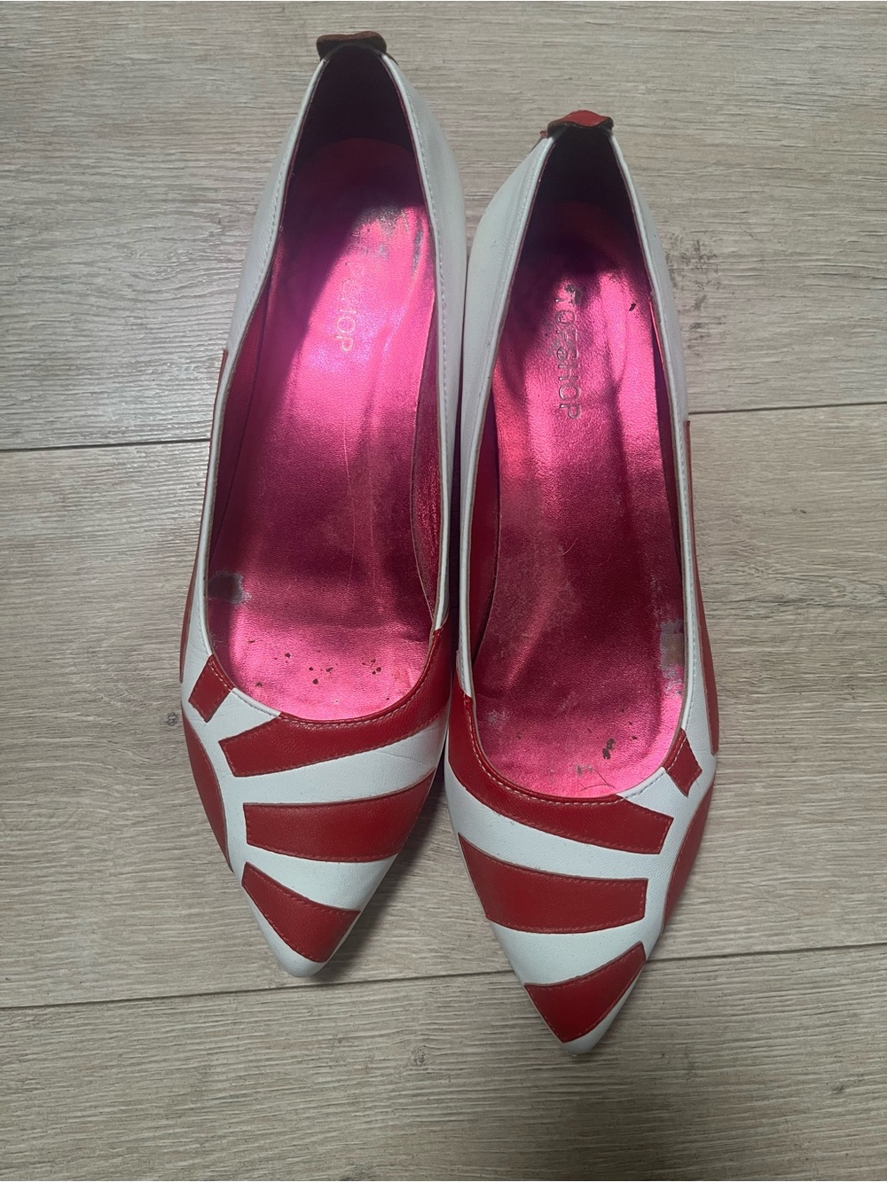 Topshop Red and White Striped Pointed Kitten Heels